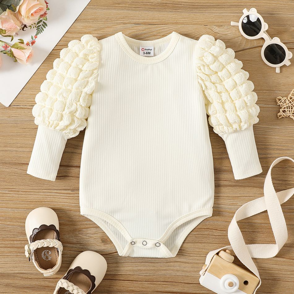Baby Girl Solid Ribbed Spliced Gigot Sleeve Romper BlanchedAlmond big image 2