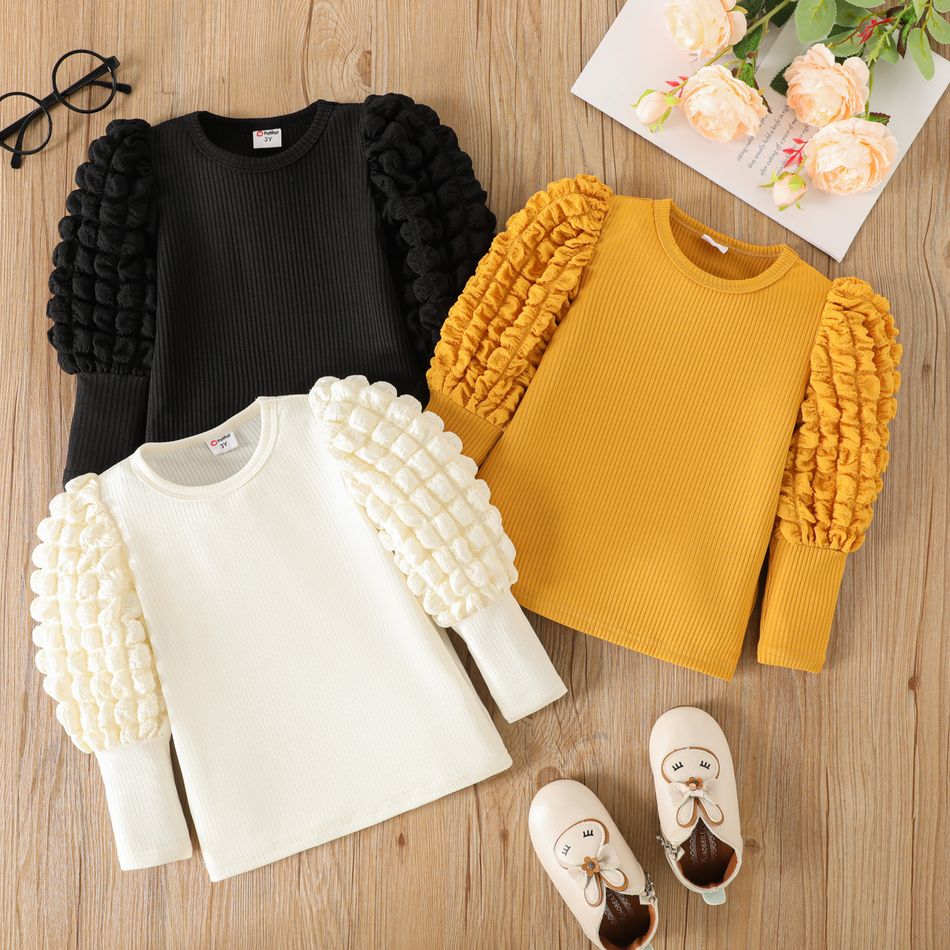 Toddler Girl Textured Ribbed Long Puff-sleeve Solid Color Tee Apricot big image 6