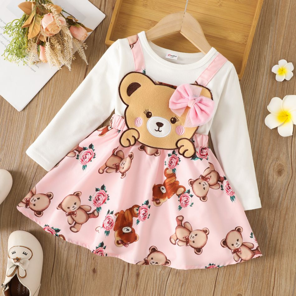Toddler Girl Playful Faux-two Bear Print Bowknot Design Long-sleeve Dress Pink