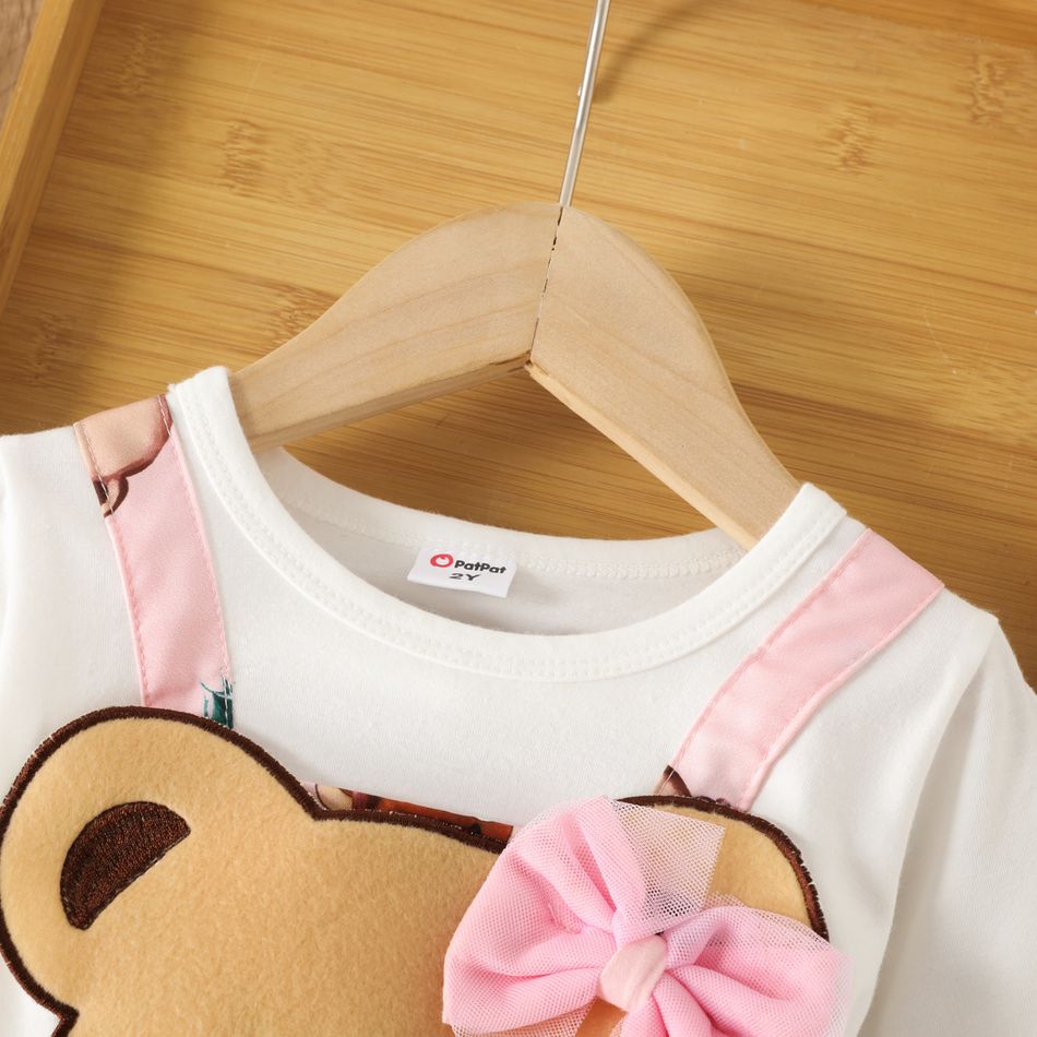 Toddler Girl Playful Faux-two Bear Print Bowknot Design Long-sleeve Dress Pink big image 4
