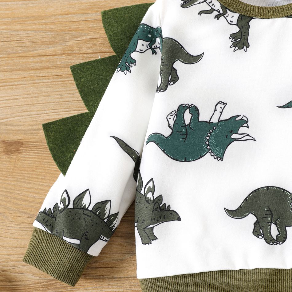 2pcs Baby Boy Allover Dinosaur Print Long-sleeve Sweatshirt and Solid Overalls Set Army green big image 5