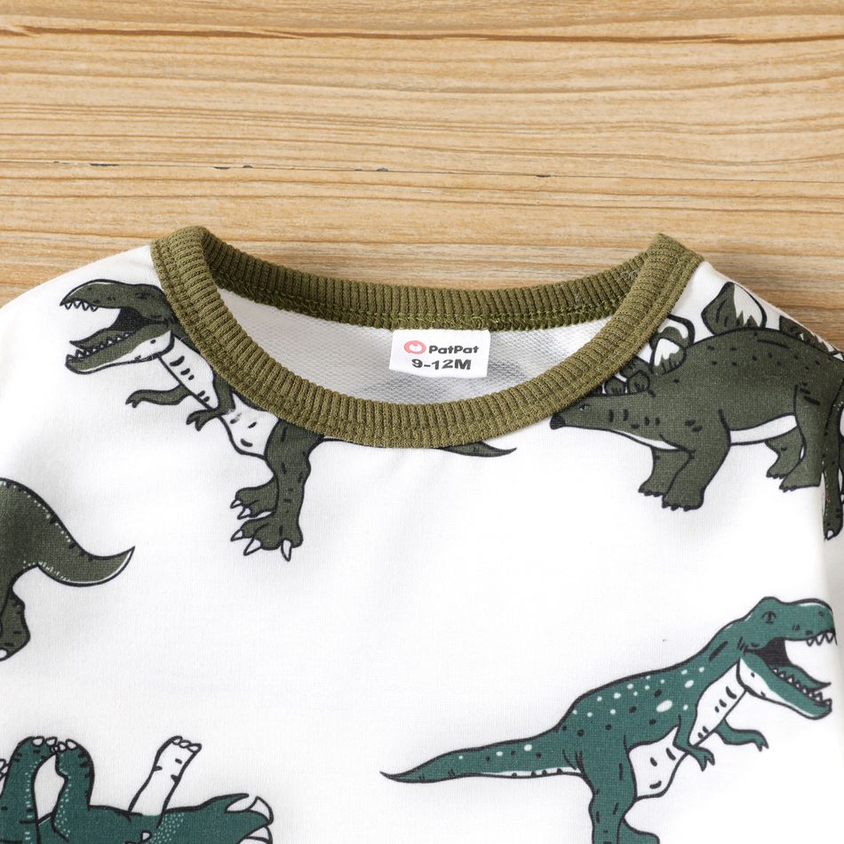 2pcs Baby Boy Allover Dinosaur Print Long-sleeve Sweatshirt and Solid Overalls Set Army green big image 4