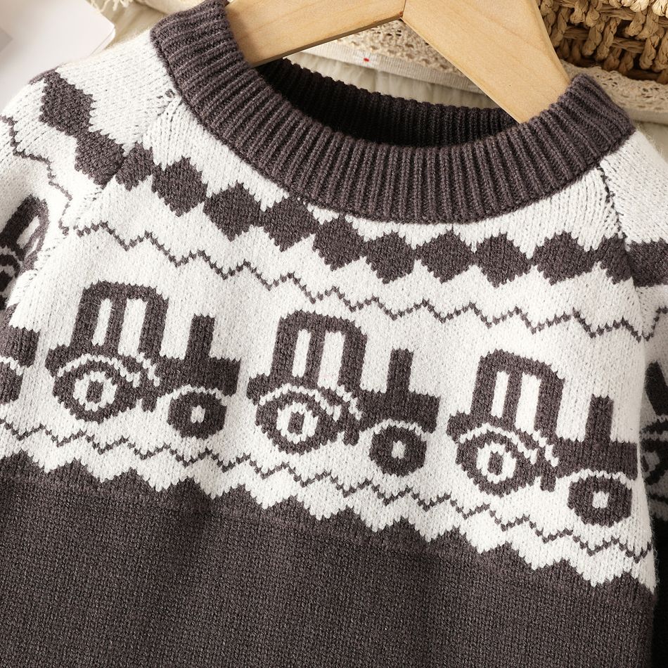Toddler Boy Playful Vehicle Pattern Colorblock Sweater Dark Grey big image 3