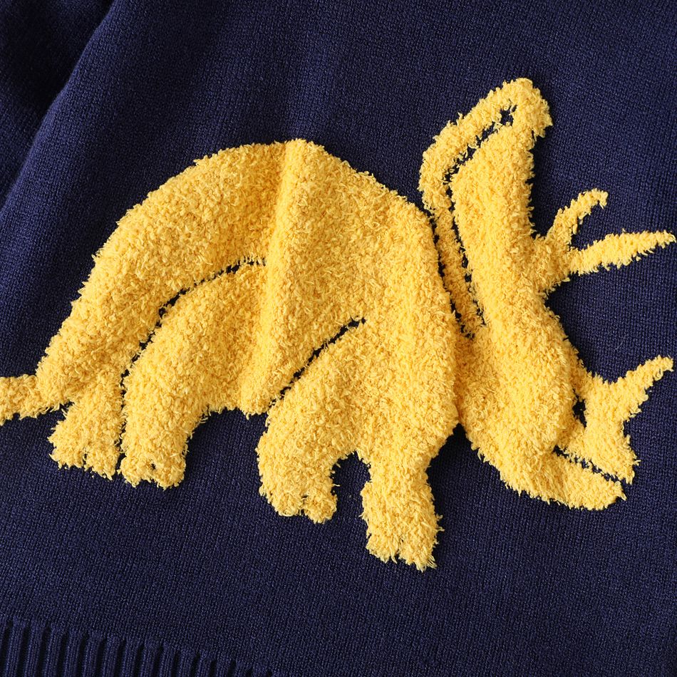 Toddler Boy Playful Dinosaur Embroidered Knit Sweater Dark Blue big image 4
