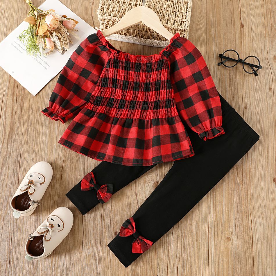 2pcs Toddler Girl Classic Plaid Smocked Blouse and Bowknot Design Cotton Pants Set Red big image 1