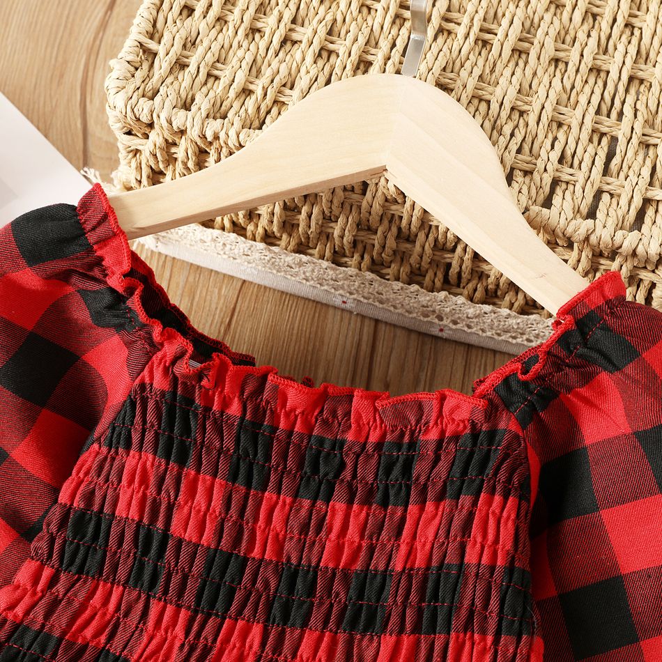 2pcs Toddler Girl Classic Plaid Smocked Blouse and Bowknot Design Cotton Pants Set Red big image 3