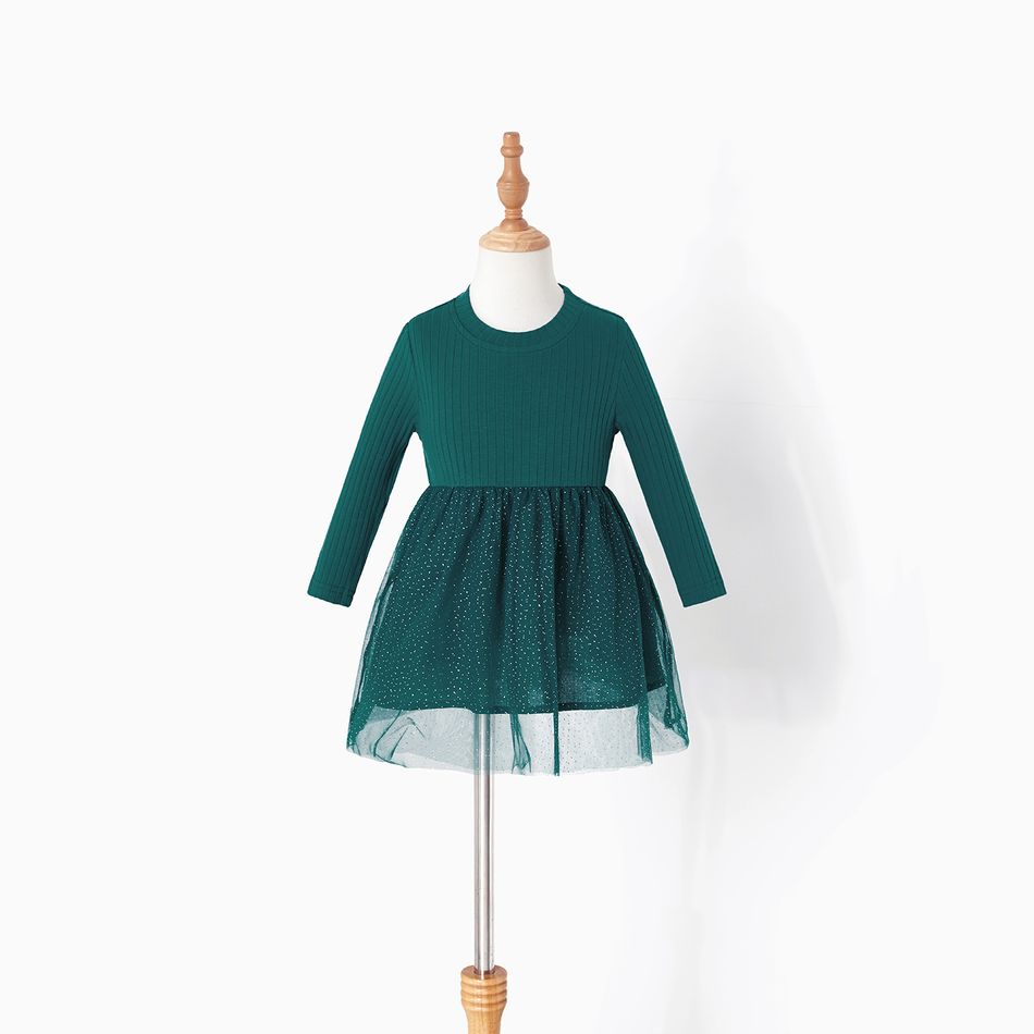 Mommy and Me 95% Cotton Rib Knit V Neck Long-sleeve Ruched Cut Out Bodycon/Mesh Dresses Green big image 7