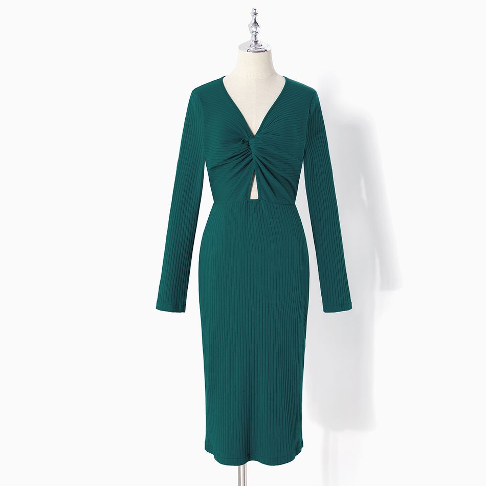 Mommy and Me 95% Cotton Rib Knit V Neck Long-sleeve Ruched Cut Out Bodycon/Mesh Dresses Green big image 2