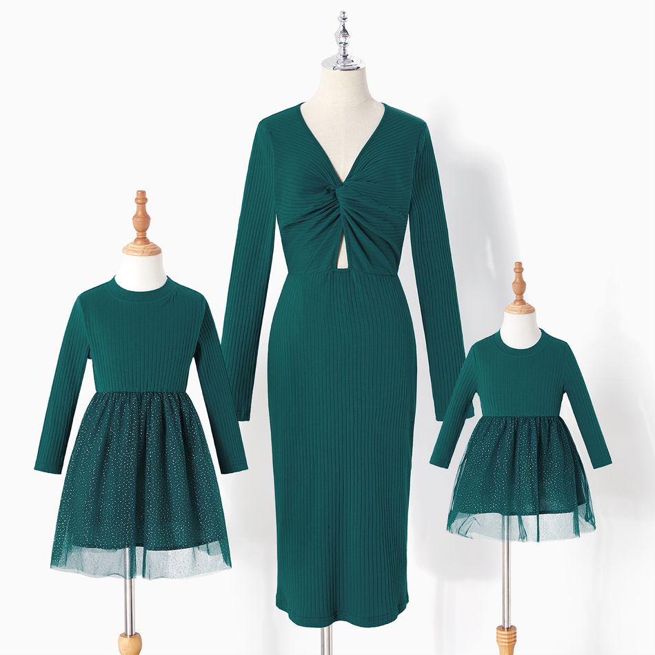 Mommy and Me 95% Cotton Rib Knit V Neck Long-sleeve Ruched Cut Out Bodycon/Mesh Dresses Green big image 1