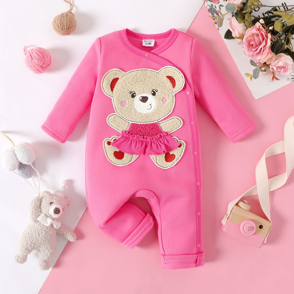 Baby Girl Bear Embroidered Long-sleeve Button Jumpsuit Peach
