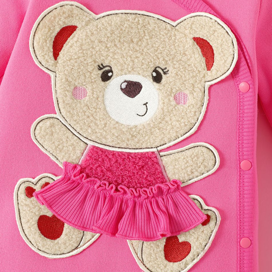 Baby Girl Bear Embroidered Long-sleeve Button Jumpsuit Peach big image 4