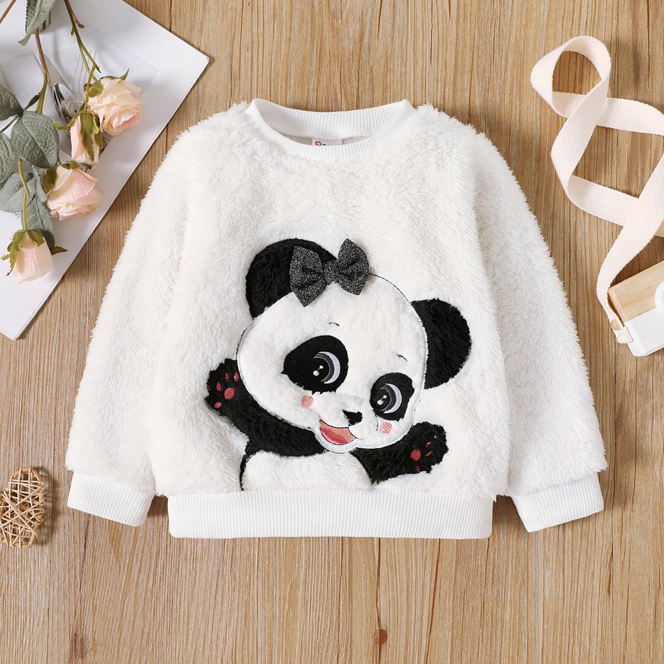 Toddler Girl Panda Embroidered Fleece Pullover Sweatshirt White