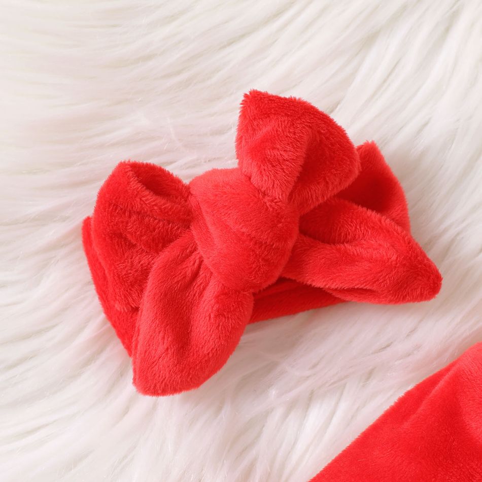 Christmas 2pcs Baby Girl Letter Embroidered Red Thermal Fuzzy Long-sleeve Bell Bottom Jumpsuit with Headband Set Red big image 5