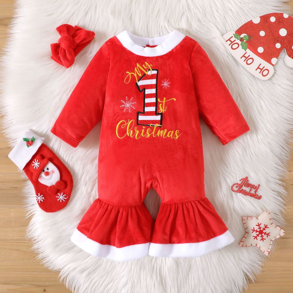 Christmas 2pcs Baby Girl Letter Embroidered Red Thermal Fuzzy Long-sleeve Bell Bottom Jumpsuit with Headband Set Red big image 1