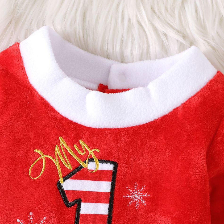 Christmas 2pcs Baby Girl Letter Embroidered Red Thermal Fuzzy Long-sleeve Bell Bottom Jumpsuit with Headband Set Red big image 3