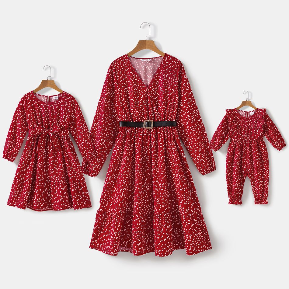 Mommy and Me Allover Floral Print V Neck Long-sleeve Belted Flowy Dresses WineRed