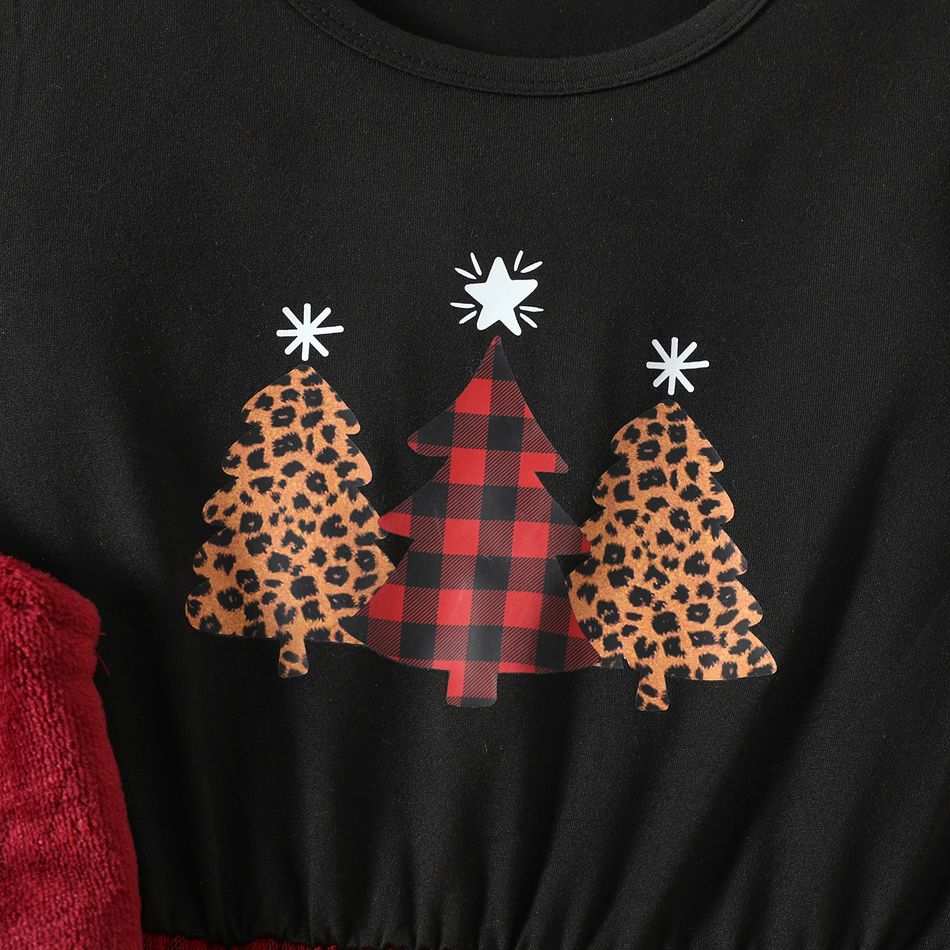 2pcs Kid Girl Christmas Plaid Mesh Splice Long-sleeve Dress and Fuzzy Fleece Vest Set Red big image 3