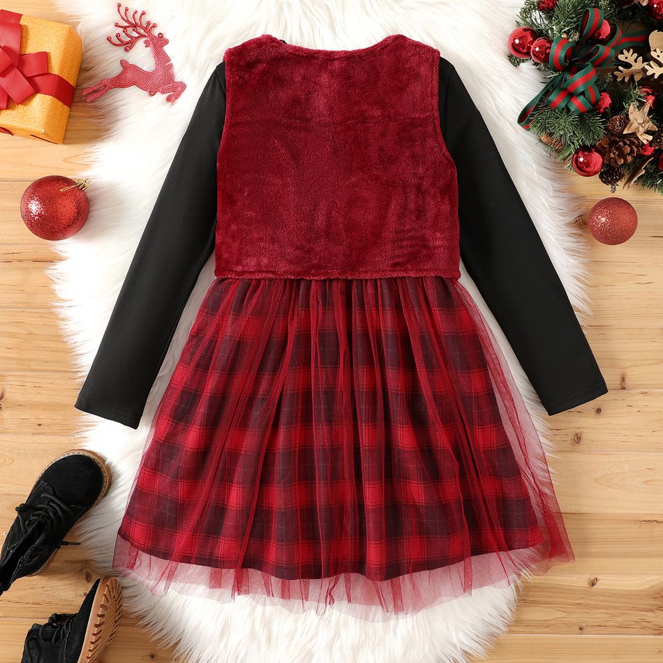 2pcs Kid Girl Christmas Plaid Mesh Splice Long-sleeve Dress and Fuzzy Fleece Vest Set Red big image 2