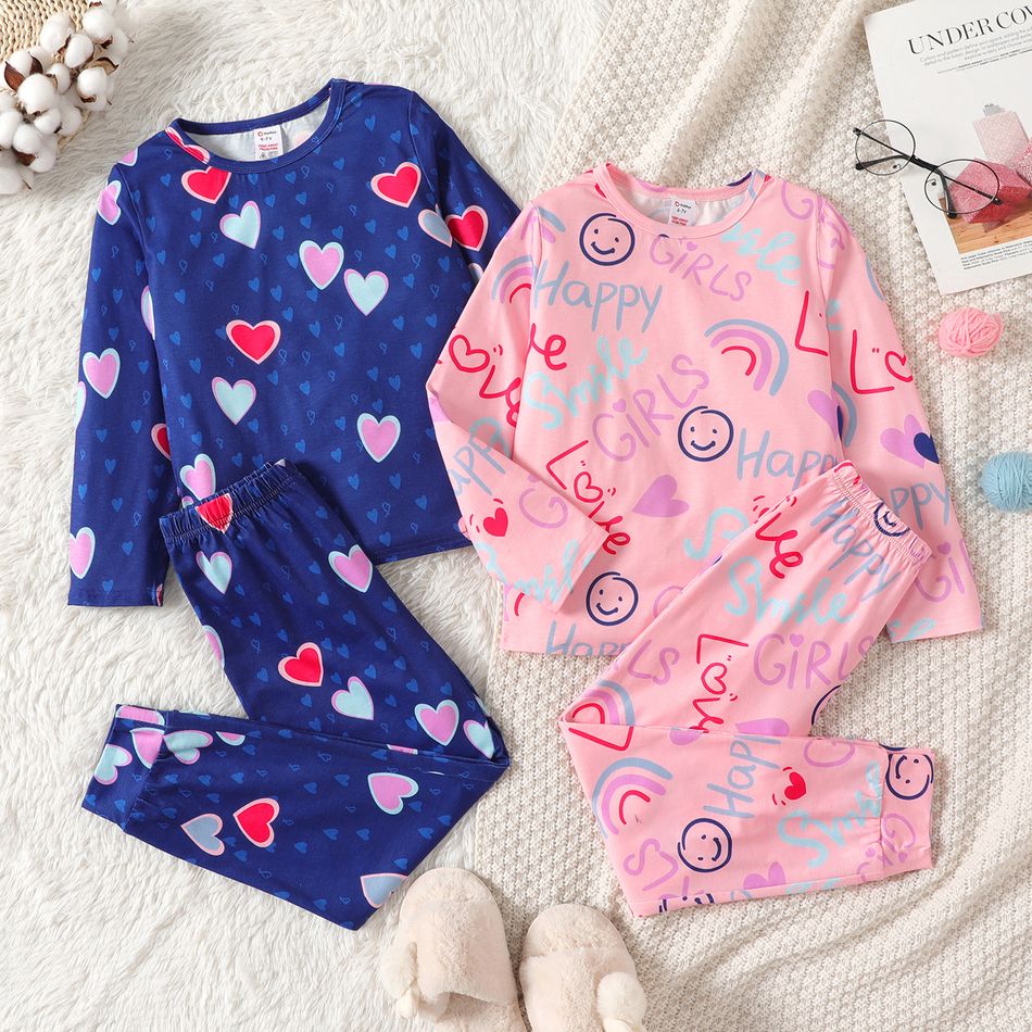 2pcs Kid Girl Heart/Rainbow Print Long-sleeve Tee and Elasticized Pants Pajamas Sleepwear Set Pink big image 2