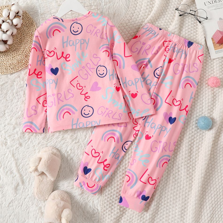 2pcs Kid Girl Heart/Rainbow Print Long-sleeve Tee and Elasticized Pants Pajamas Sleepwear Set Pink