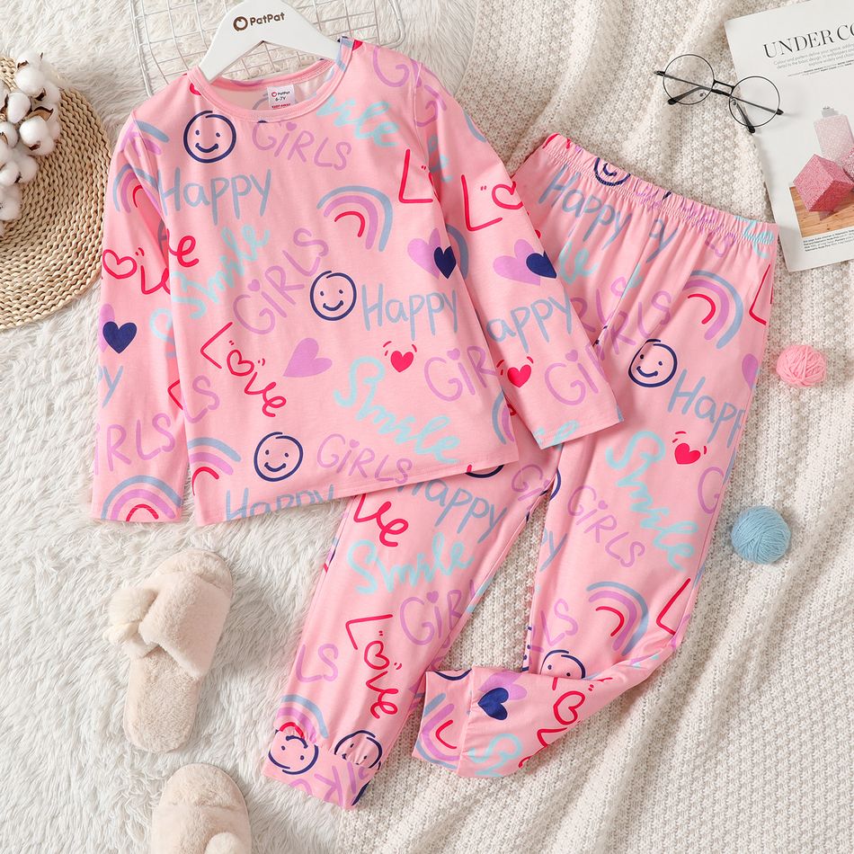 2pcs Kid Girl Heart/Rainbow Print Long-sleeve Tee and Elasticized Pants Pajamas Sleepwear Set Pink big image 1