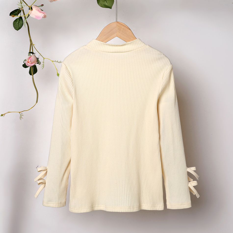 Kid Girl 3D Bowknot Design Mock Neck Solid Color Cotton Long-sleeve Tee BlanchedAlmond