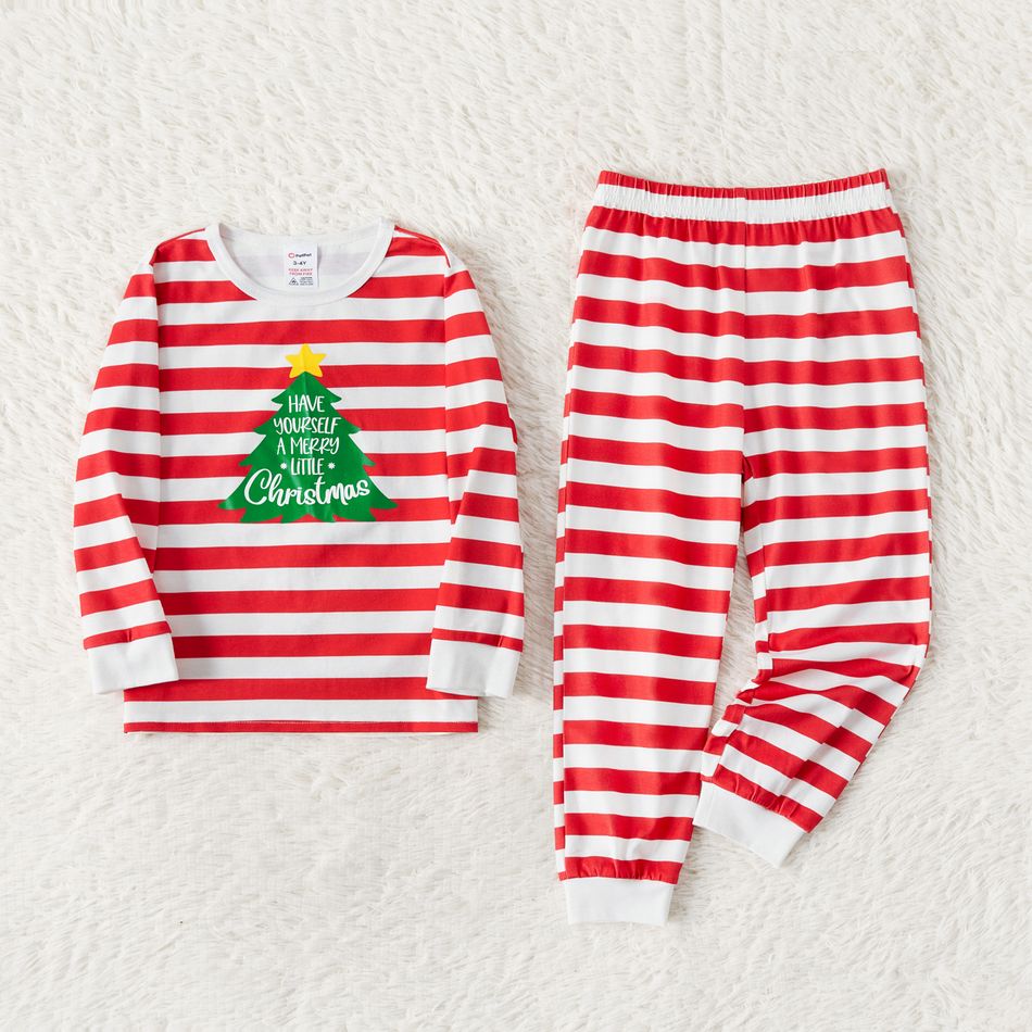 Christmas Family Matching Xmas Tree & Letter Print Red Striped Long-sleeve Pajamas Sets (Flame Resistant) REDWHITE big image 7