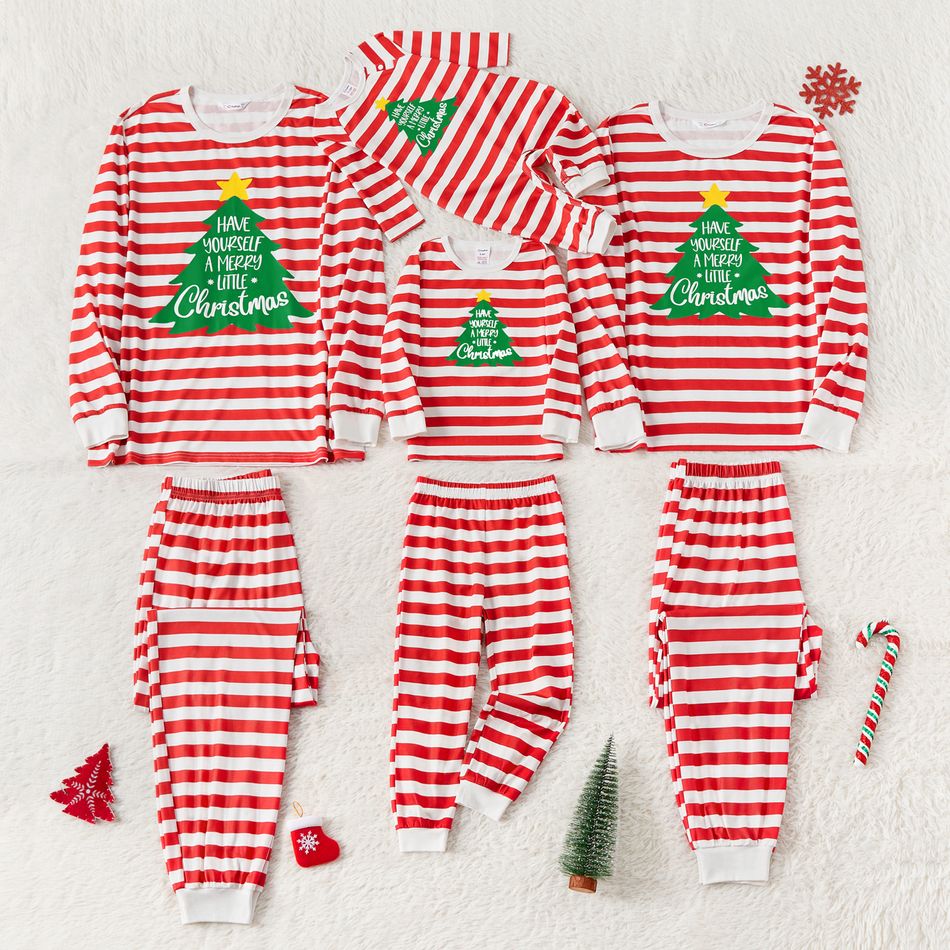 Christmas Family Matching Xmas Tree & Letter Print Red Striped Long-sleeve Pajamas Sets (Flame Resistant) REDWHITE big image 1