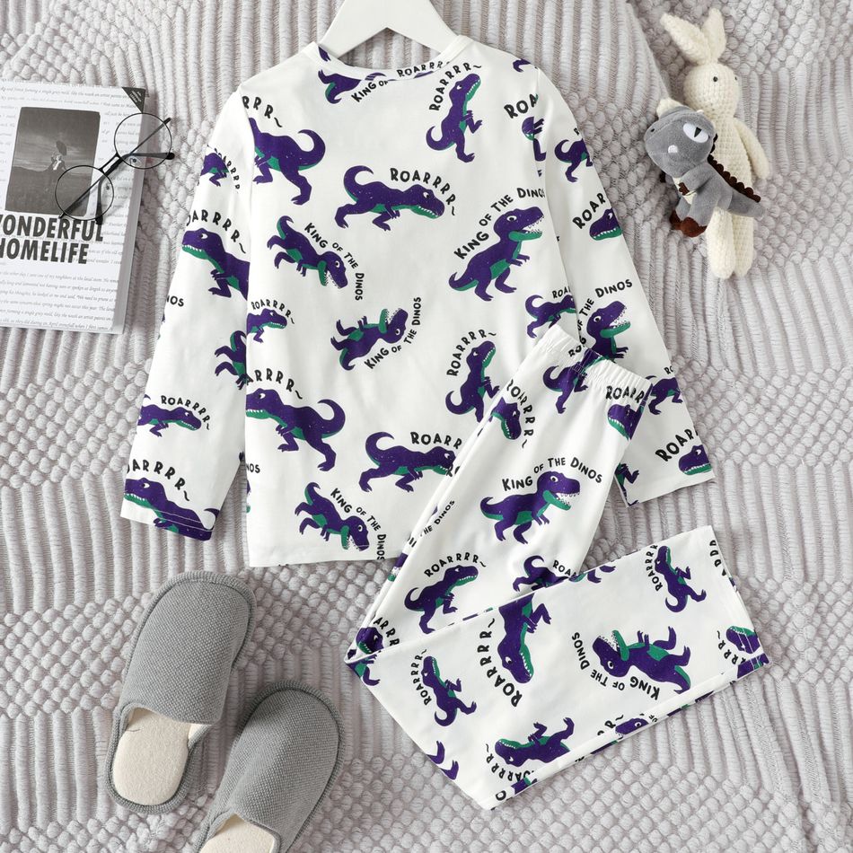 2pcs Kid Boy Dinosaur Print Long-sleeve Tee and Pants Pajamas Sleepwear Set White