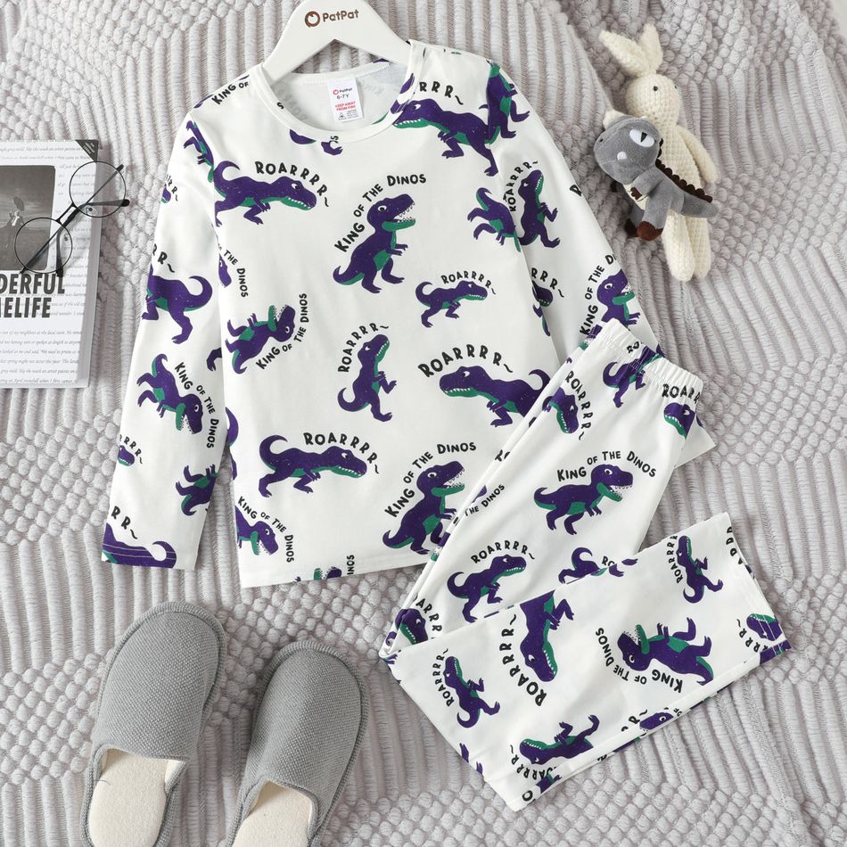 2pcs Kid Boy Dinosaur Print Long-sleeve Tee and Pants Pajamas Sleepwear Set White