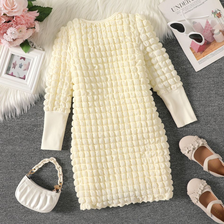 Kid Girl Solid Color Textured Long Puff-sleeve Dress Almond Beige