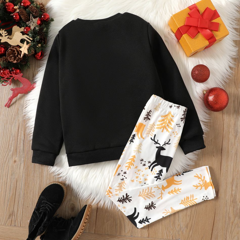 2pcs Kid Girl Christmas Deer Glitter Print Fleece Lined Sweatshirt and Pants Set Black