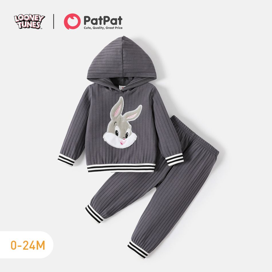 Looney Tunes 2pcs Baby Boy/Girl Animal Graphic Long-sleeve Ribbed Hoodie and Sweatpants Set Bluish Grey big image 1