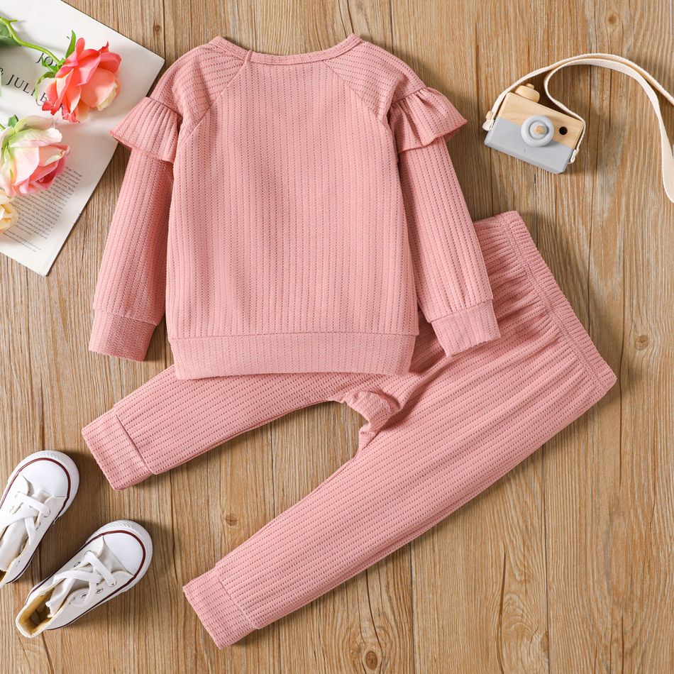 2pcs Toddler Girl Sweet Ruffled Pink Sweatshirt and Elasticized Pants Set Pink big image 2