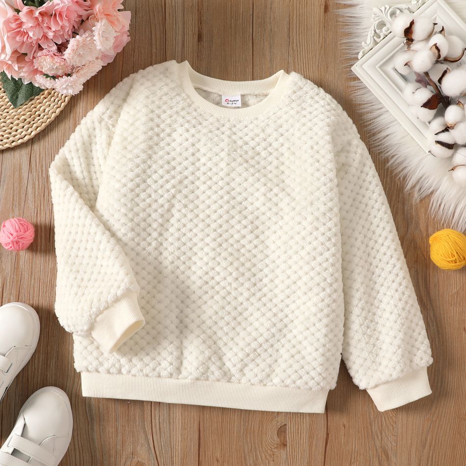 Kid Boy Solid Color Textured Fleece Pullover Sweatshirt Beige big image 1