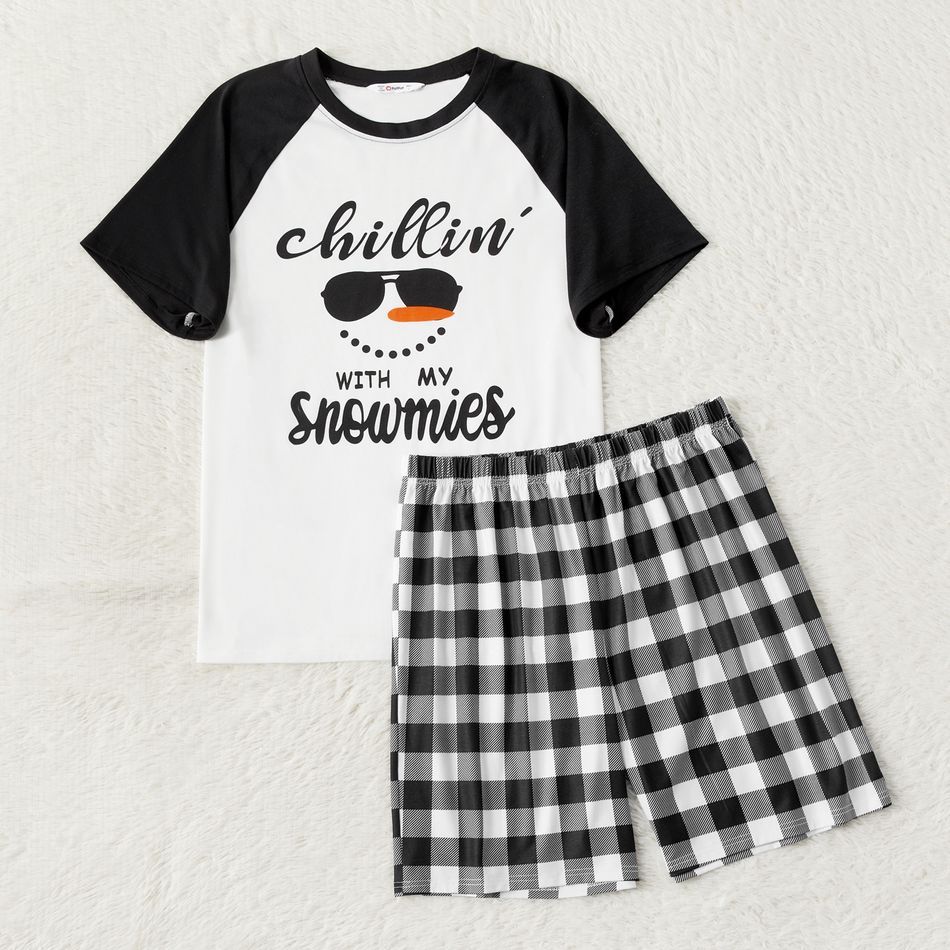 Christmas Family Matching Short-sleeve Snowman & Letter Print Black Plaid Pajamas Sets (Flame Resistant) Black big image 2