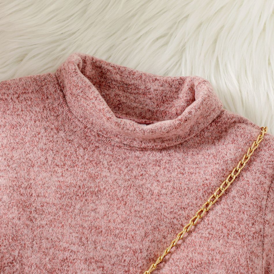 Kid Girl Solid Color Turtleneck Belted Long-sleeve Dress (Bag is not included) Pink big image 3