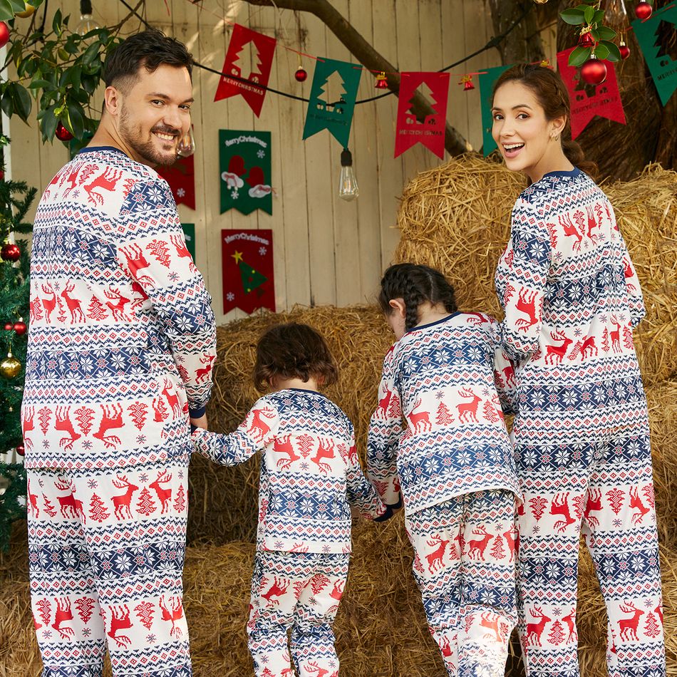 Christmas Family Matching Allover Print Long-sleeve Pajamas Sets (Flame Resistant) BLUEWHITE big image 5