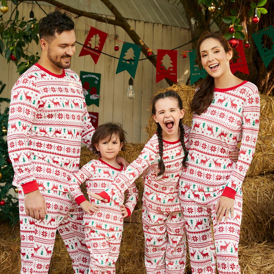 Christmas Reindeer and Snowflake Patterned Family Matching Pajamas Sets(Flame Resistant) Red/White