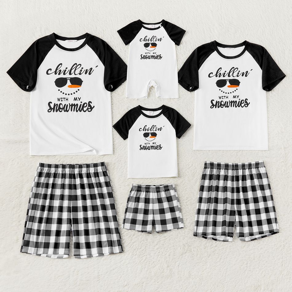 Christmas Family Matching Short-sleeve Snowman & Letter Print Black Plaid Pajamas Sets (Flame Resistant) Black big image 1