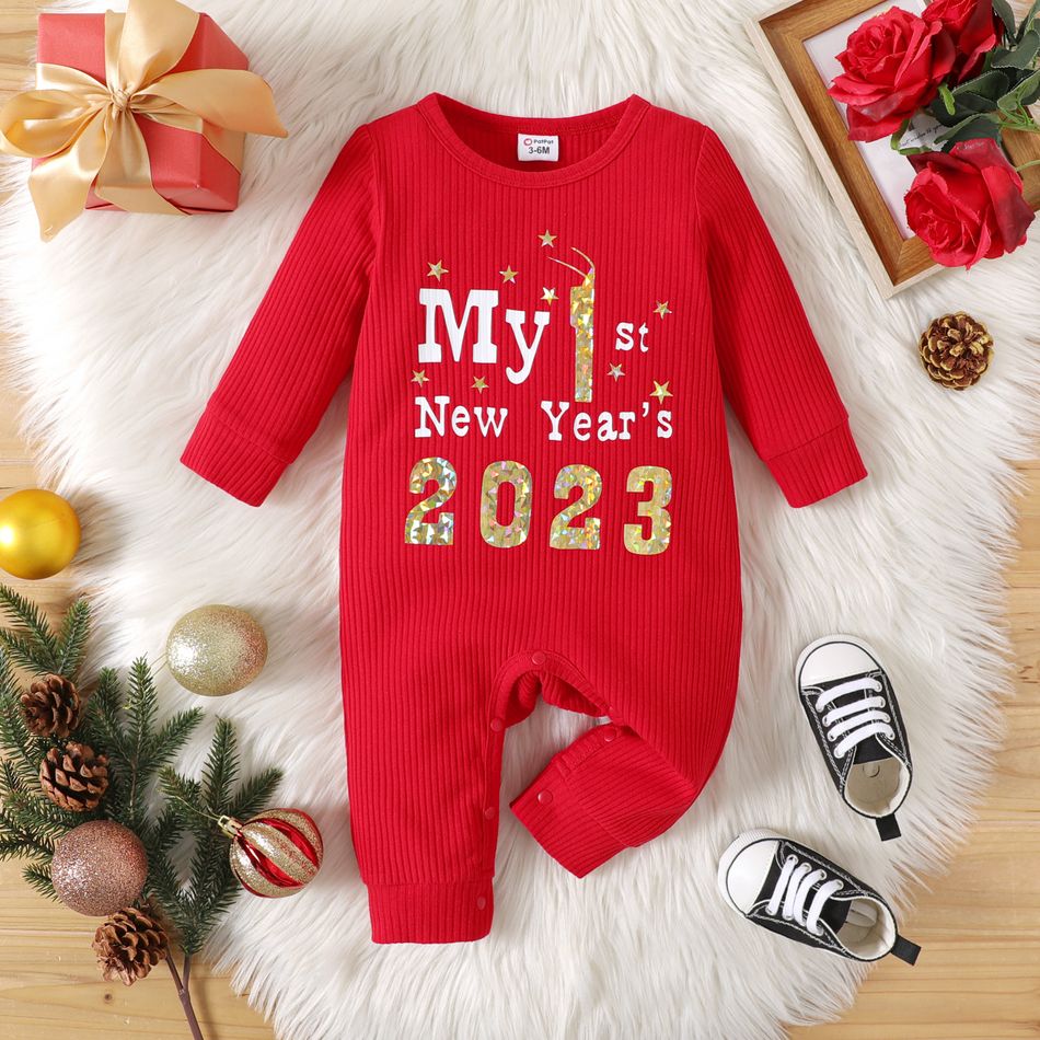 New Year Baby Boy/Girl Letter & Number Print Long-sleeve Ribbed Jumpsuit Red-2