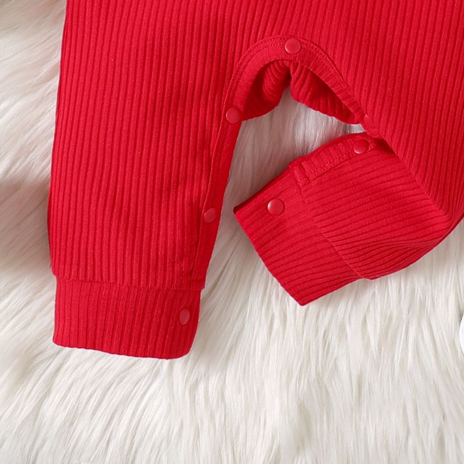 New Year Baby Boy/Girl Letter & Number Print Long-sleeve Ribbed Jumpsuit Red-2