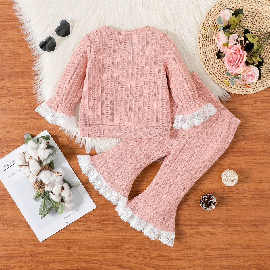 2pcs Baby Girl Pink Knitted Lace Bell Sleeve Top and Flared Pants Set Pink big image 2