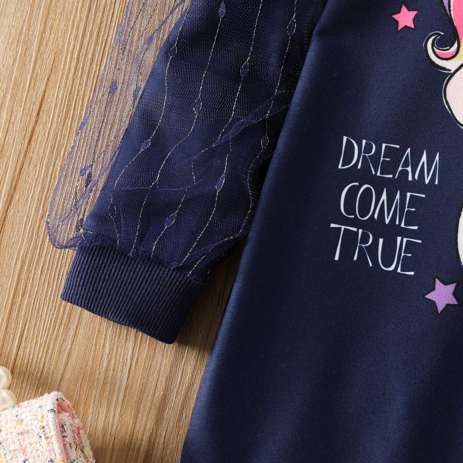 Toddler Girl Unicorn Print Mesh Design Long-sleeve Sweatshirt Dress royalblue big image 5