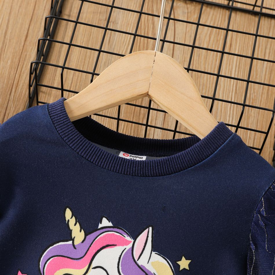 Toddler Girl Unicorn Print Mesh Design Long-sleeve Sweatshirt Dress royalblue big image 4