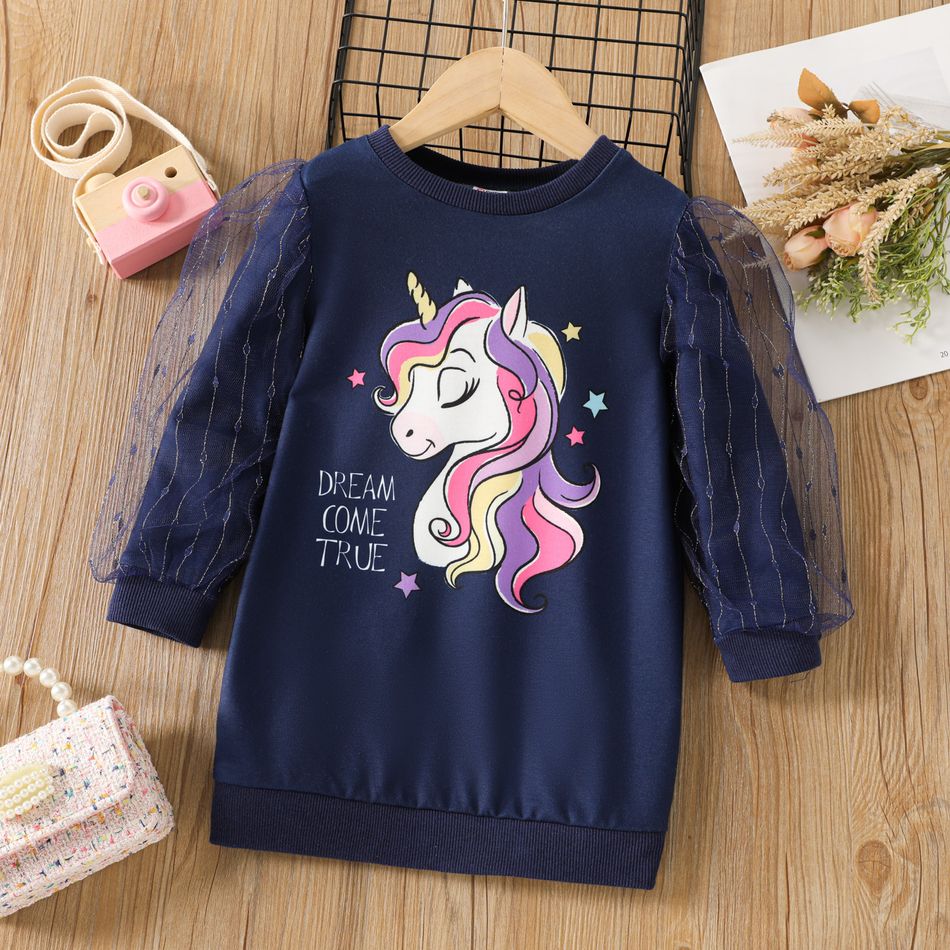 Toddler Girl Unicorn Print Mesh Design Long-sleeve Sweatshirt Dress royalblue big image 1