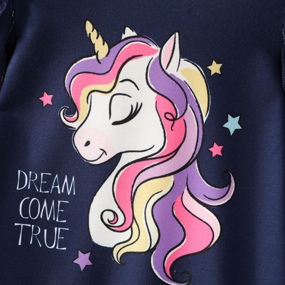 Toddler Girl Unicorn Print Mesh Design Long-sleeve Sweatshirt Dress royalblue big image 3