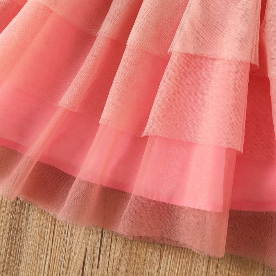 Toddler Girl Mock Neck Ribbed Layered Mesh Splice Long-sleeve Pink Dress Pink big image 5