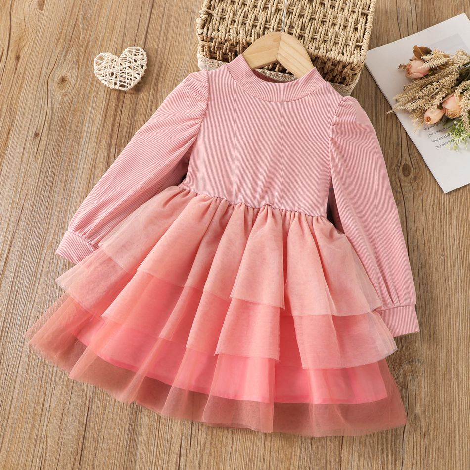 Toddler Girl Mock Neck Ribbed Layered Mesh Splice Long-sleeve Pink Dress Pink big image 1