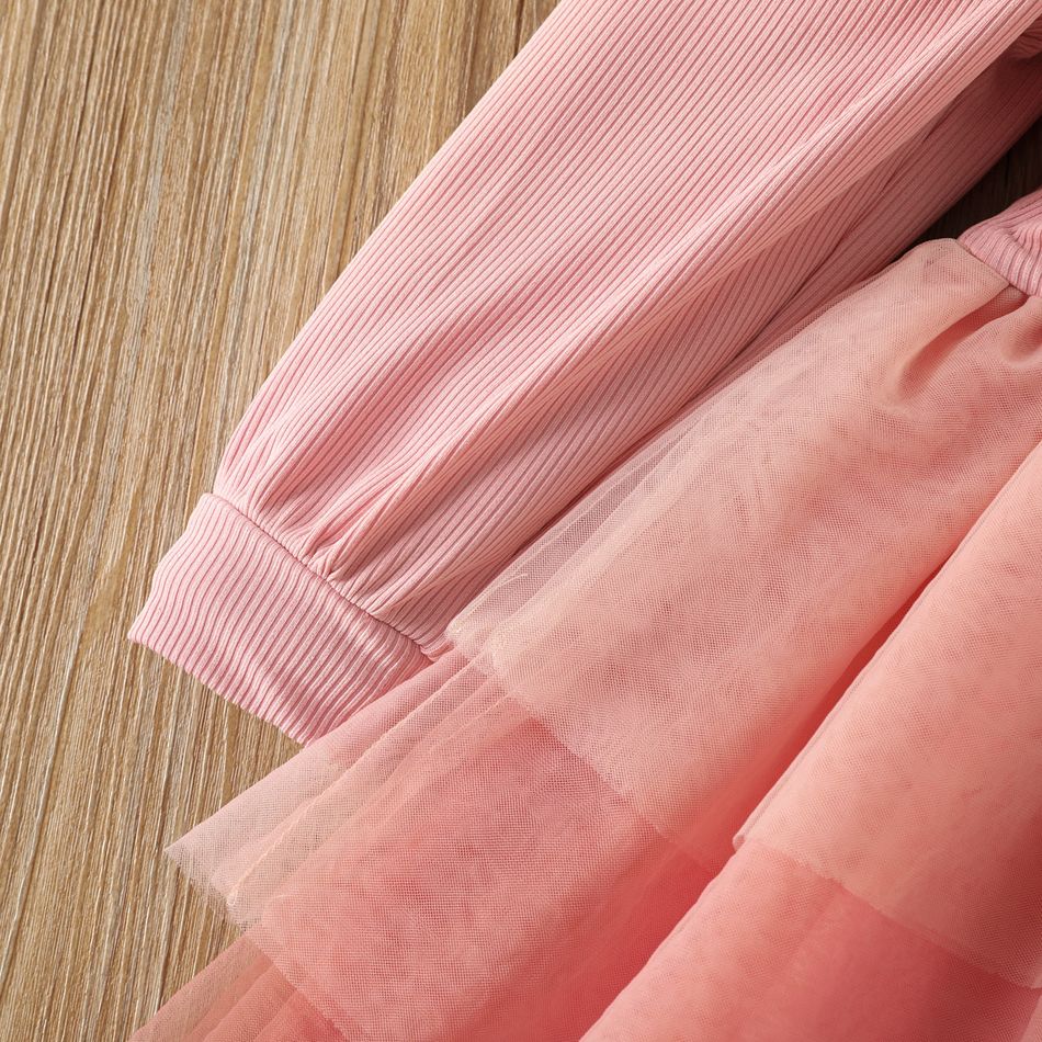 Toddler Girl Mock Neck Ribbed Layered Mesh Splice Long-sleeve Pink Dress Pink big image 4